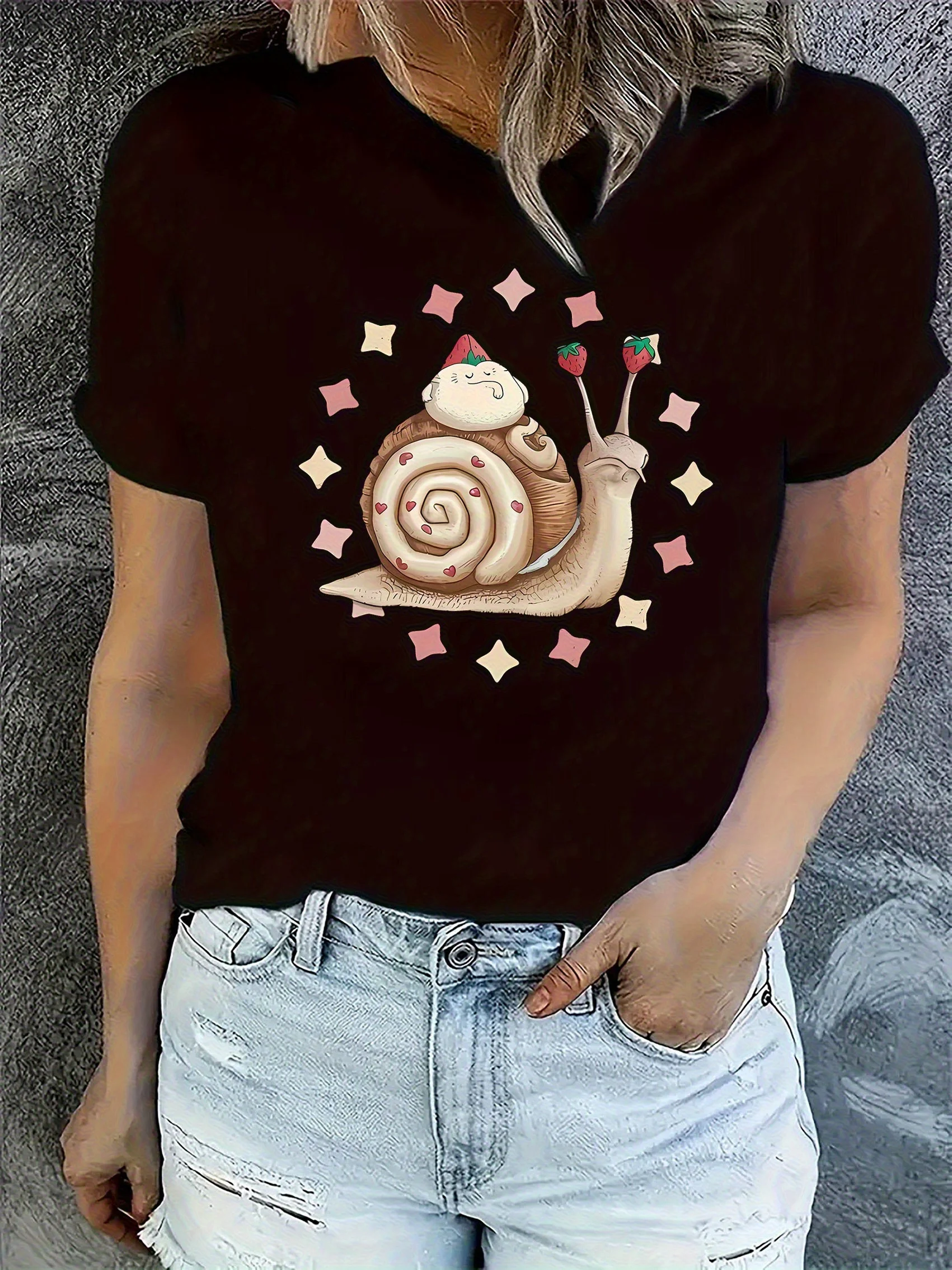 

Cute strawberry snail and Christmas hat design shiny geometric pattern Christmas T-shirt
