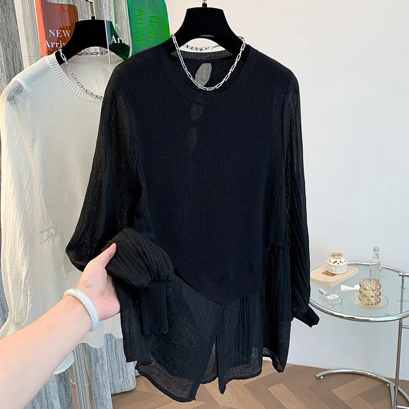 

Осенняя новинка, трикотажная лоскутная футболка больших размеров для похудения, однотонная, с прикрытым животом, трапециевидной формы, корейский Sle, длинный све, круглая, Ne