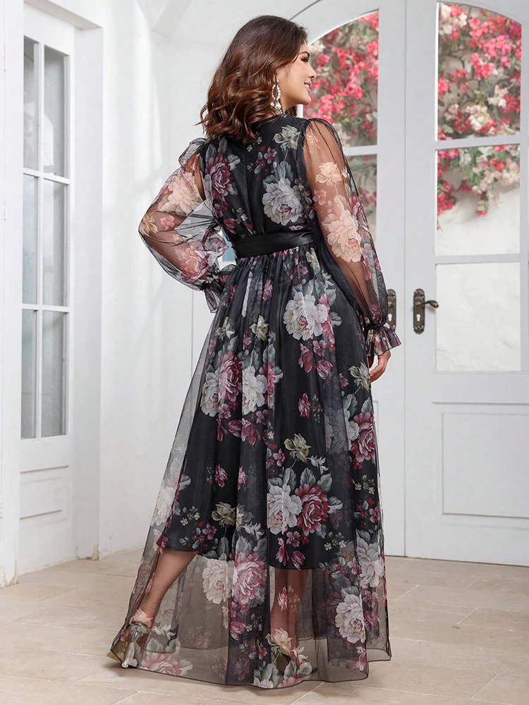 TOLEEN 2024 New Summer Women's Casual Elegant Long Sleeve Party Maxi Dresses Plus Size Floral Print V-Neck Mesh Patchwork Dress