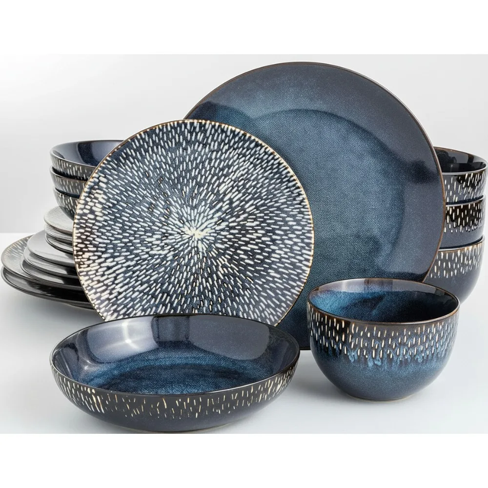 

16-Piece Reactive Glaze Dinnerware Set - Blue Stoneware Plates & Bowls for 4, Microwave & Dishwasher Safe