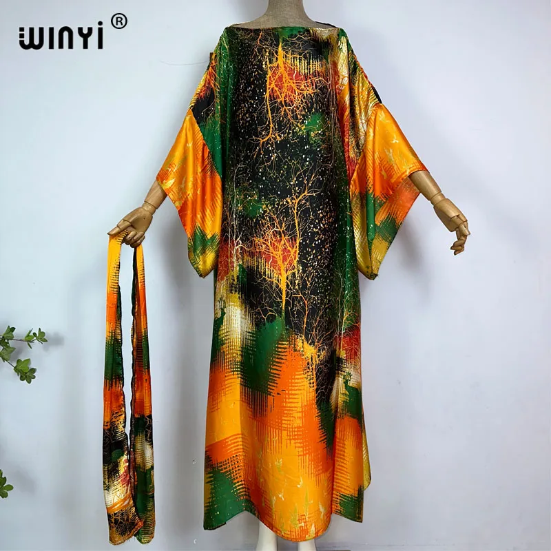 

WINYI Dress beach wear turkey dresses with belt Bohemia Print Dashiki Women Long kaftan summer Color african dresses for woman