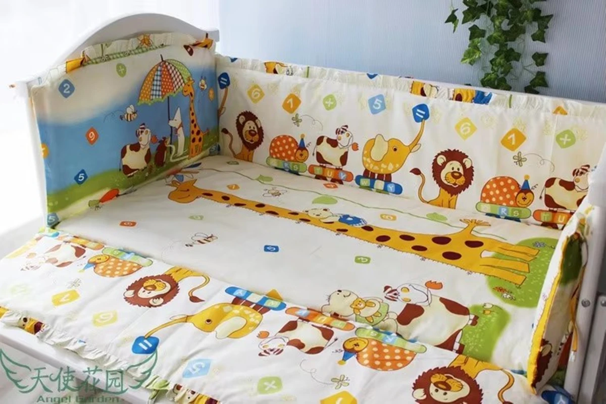 

6Pcs Cartoon Baby Bedding Set Baby cradle kit berço cot bedding set Room Decoration (4bumper+sheet+pillowcase)