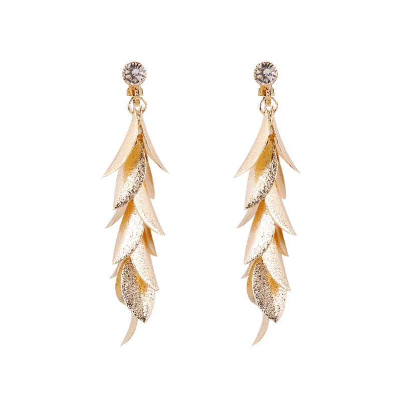 Trendy Glitter Metal Leaves String Clip On Earrings For Female Party Ear Clips Luxury Attractive No Pierced Clip Earring Gift
