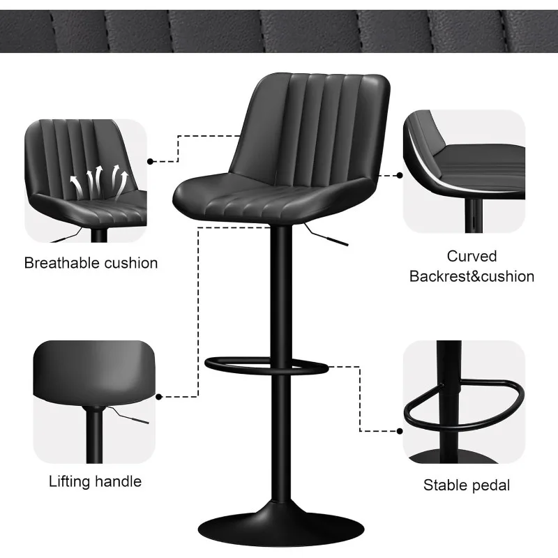 مجموعة مقاعد البار مكونة من 2، مقاعد دوارة من جلد البولي يوريثان قابلة للتعديل، مقعد بار بارتفاع مضاد مع مقعد بار لطاولة المطبخ الخلفية #4