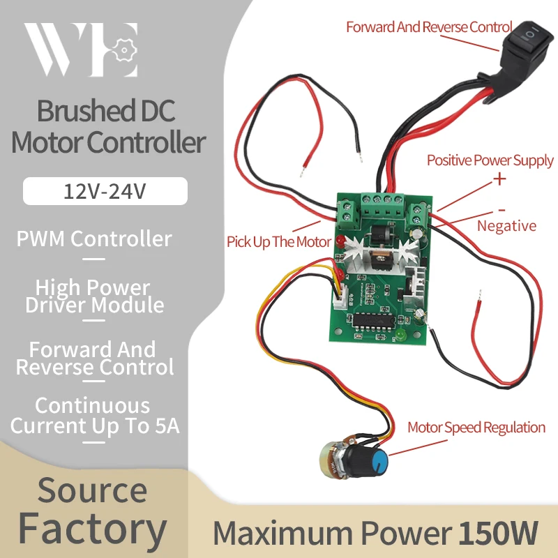 Geborsteld Gelijkstroommotorregelaar 12V 24V Voorwaarts En Achterwaarts Schakelende Snelheid Instelbaar Maximaal Uitgangsvermogen 150W Stroomregelaar