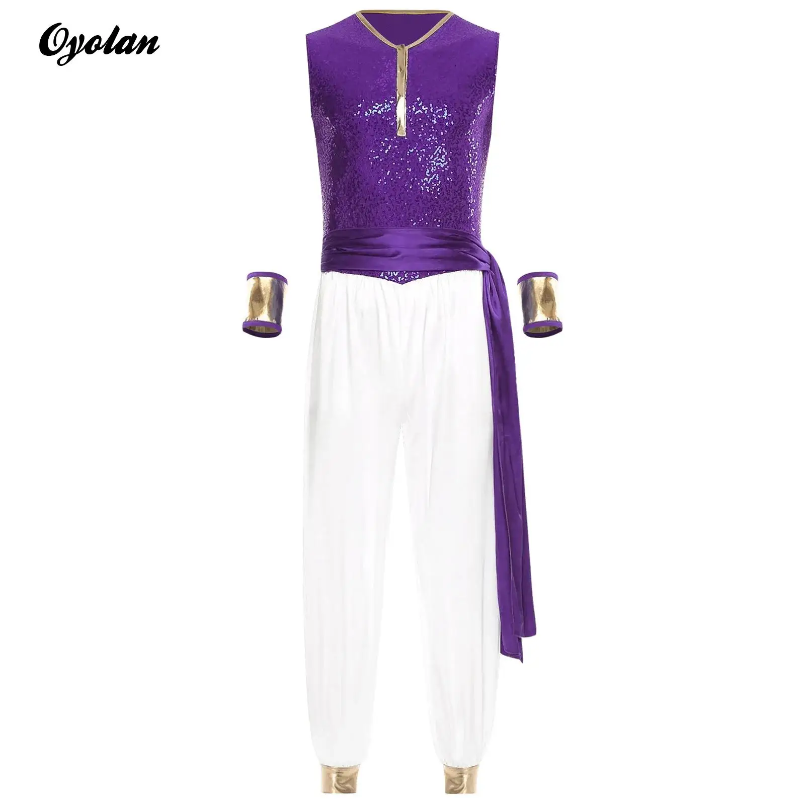 

Mens Sequin Bodice Satiny Pants Jumpsuit Arabian Arab Prince Cosplay Costume Halloween Outfits Romper with Waist Belt Sleeves