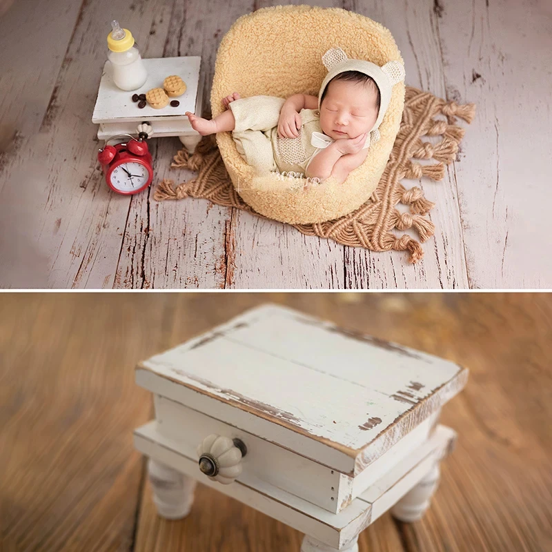 Handmade Wooden Vintage Mini Square Table Photography Props Tea Desk Accessories Studio Baby Photoshoot Posing Round Table Props