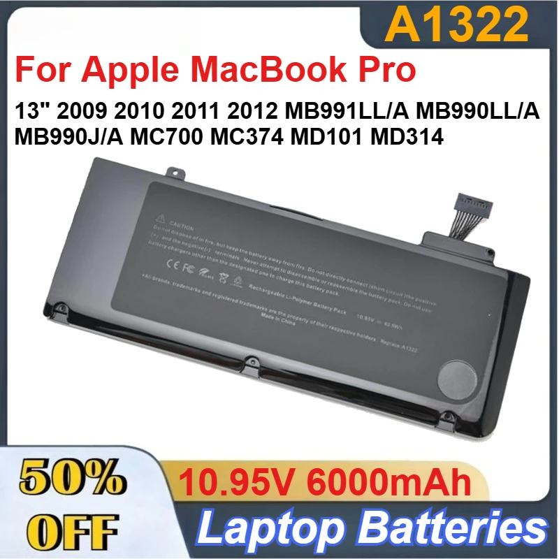 

A1322 Battery for Apple MacBook Pro 13" 2009 2010 2011 2012 MB991LL/A MB990LL/A MB990J/A MC700 MC374 MD101 MD314 Laptop Battery