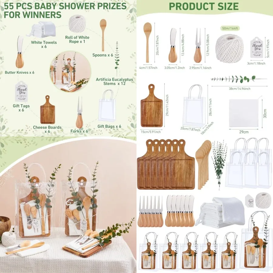 

Baby Shower Prizes for Game Winners Cheese Board Spoon Fork Butter Spreaders Plaid Towel Thank You Card and Gift Bags for Baby
