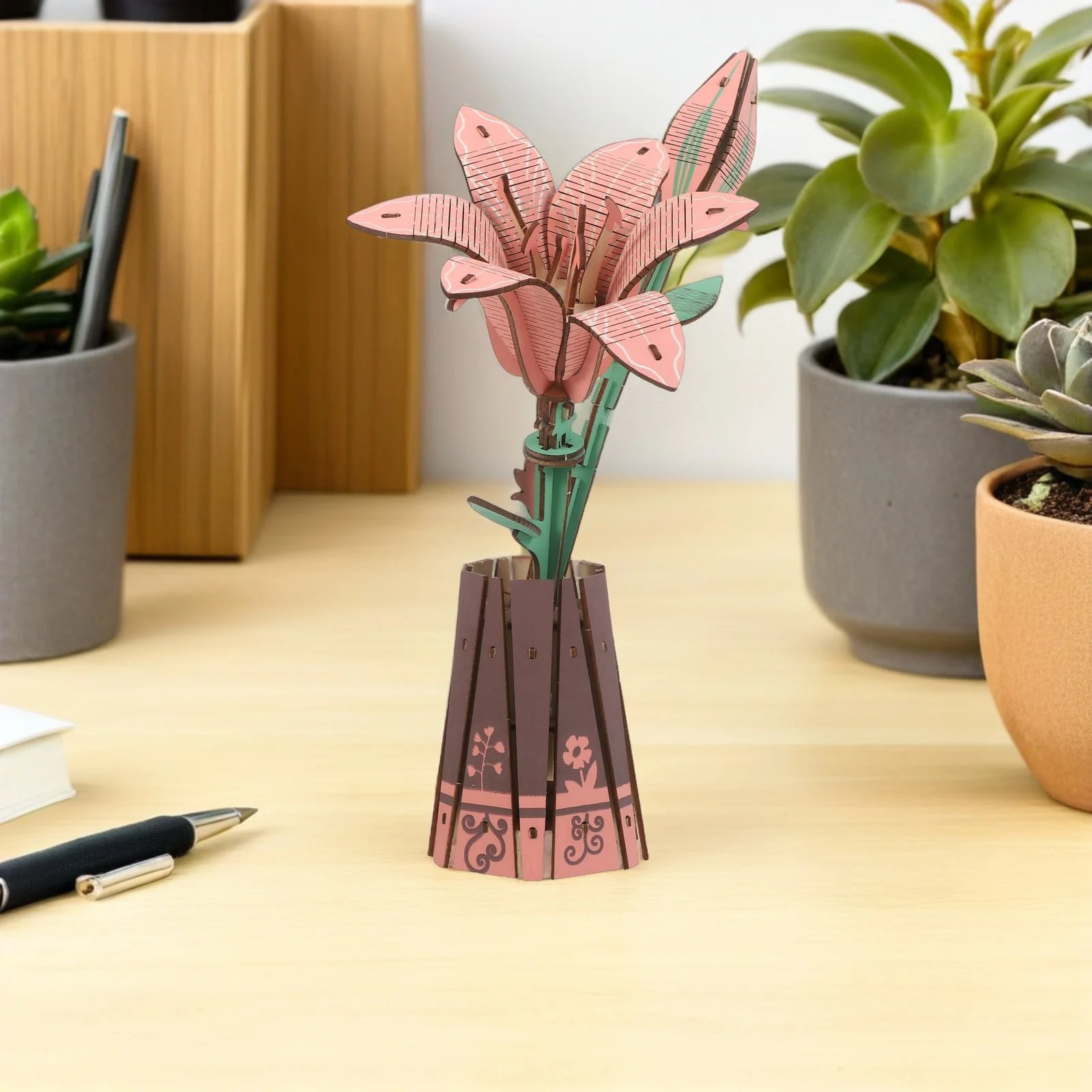 1 set di fiori in legno puzzle 3D giglio bonsai kit di montaggio per la decorazione domestica desktop arte artigianale composizione floreale set artigianale in legno fai da te