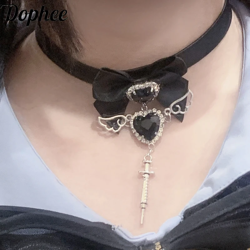 Dophee Original Y2k Subculture Bow Needle Necklace Spice Girls Sweet Handmade Necklet Love Black Diamond Punk Neck Ornament