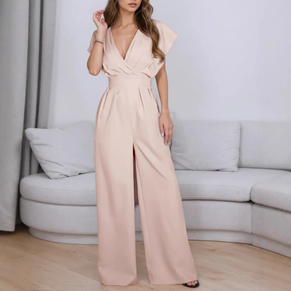 섹시한 딥 브이넥 하이 웨이스트 여성 반팔 점프 슈트 봄 가을 패션 우아한 독특한 흰색 여성 오피스 Rompers
