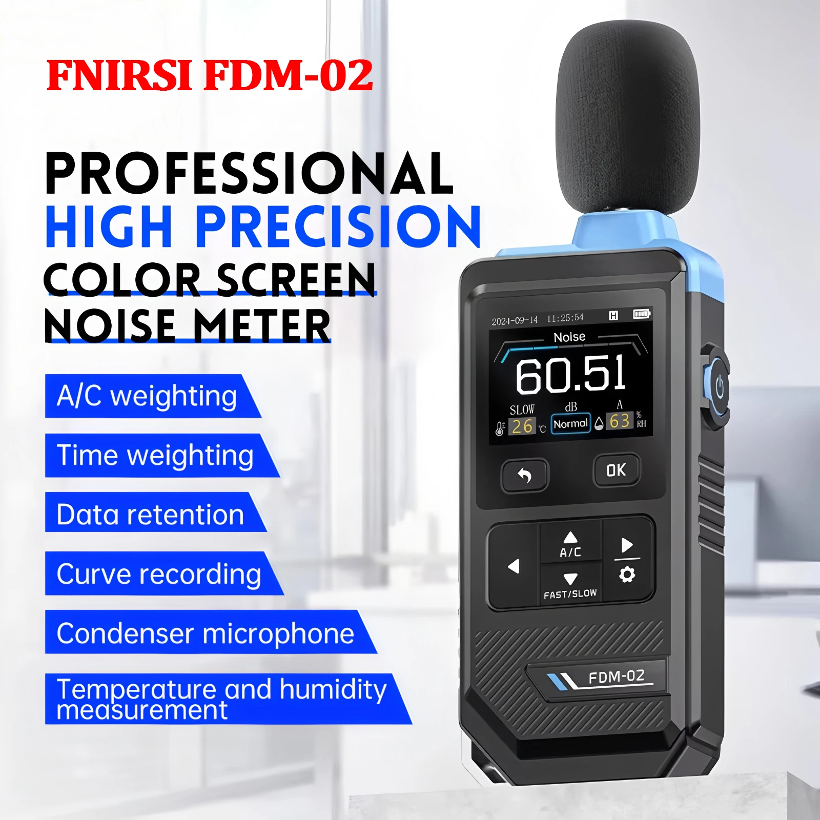 FNIRSI FDM-02 مقياس الضوضاء الرقمي عالي الدقة يده مستوى الصوت متر المهنية كاشف الصوت البيئة الصناعية
