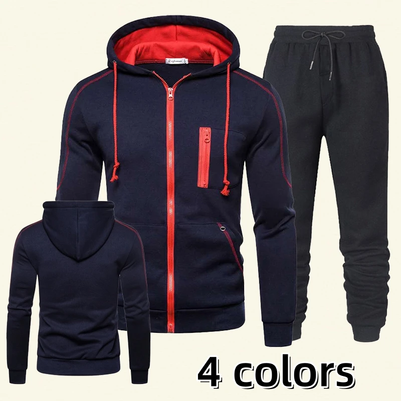 Fashion Men Zipper Pullover Hoodie Set Sweatshirt Autumn Winter Wool Zipper Jacket+Sweatpants M-3XL