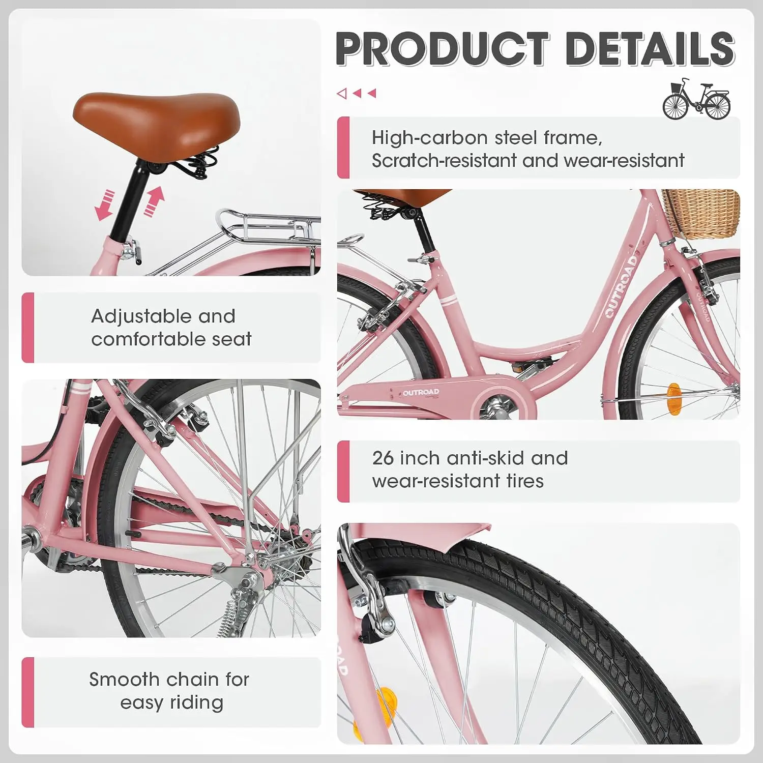 Beach Cruiser Bike, 24/26 inch Commuter Bicycle for Adult and Women,High-Carbon Steel Comfortable City Bikes with Rear