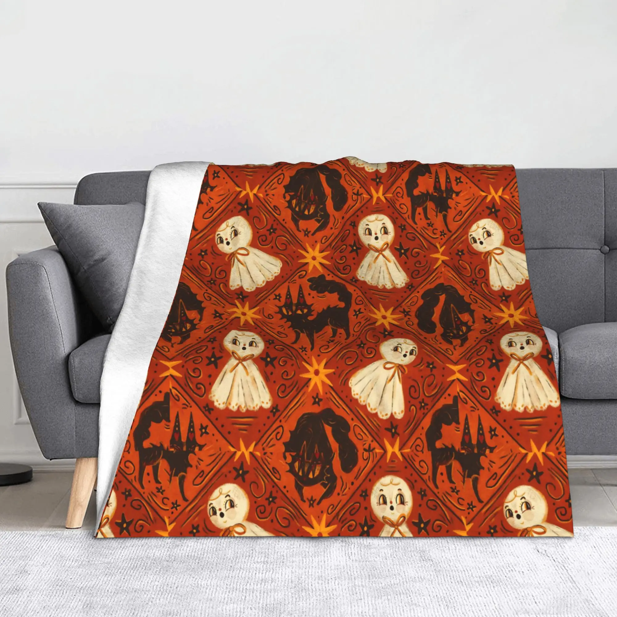 Halloween Blanket Fleece Cats Ghosts Witch Ultra-Soft Throw Blanket for Home Couch Bedspread