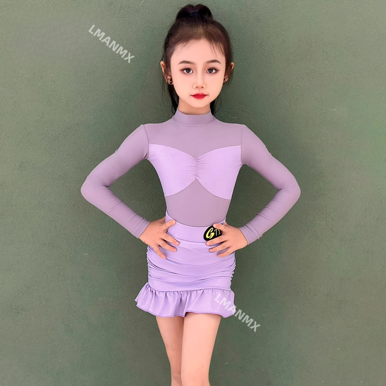 

Новое улучшенное платье для латиноамериканских танцев для девочек: осенне-зимний комплект с длинным рукавом, фиолетовый, для тренировок и выступлений, юбка в комплекте