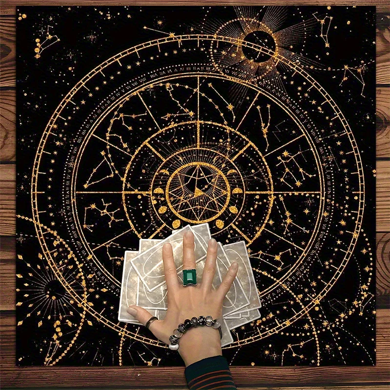 Astrology Tarot Tablecloth - Black & Gold Zodiac Design for Readings, Meditation, Themed Parties, Durable Polyester