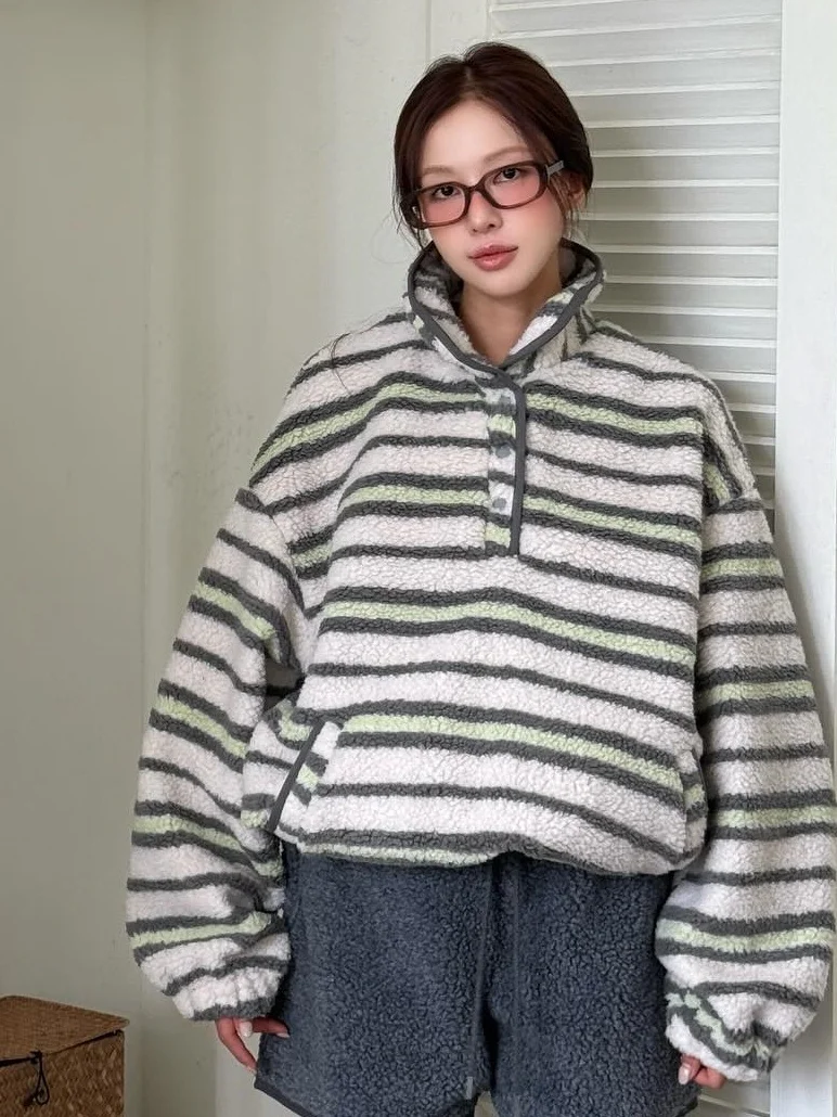 الرجعية كسول Sle فضفاض عارضة مخطط f سستة فرو الضأن البلوز ملابس خارجية تصميم تخفيف طويل Sve شريط نمط #5