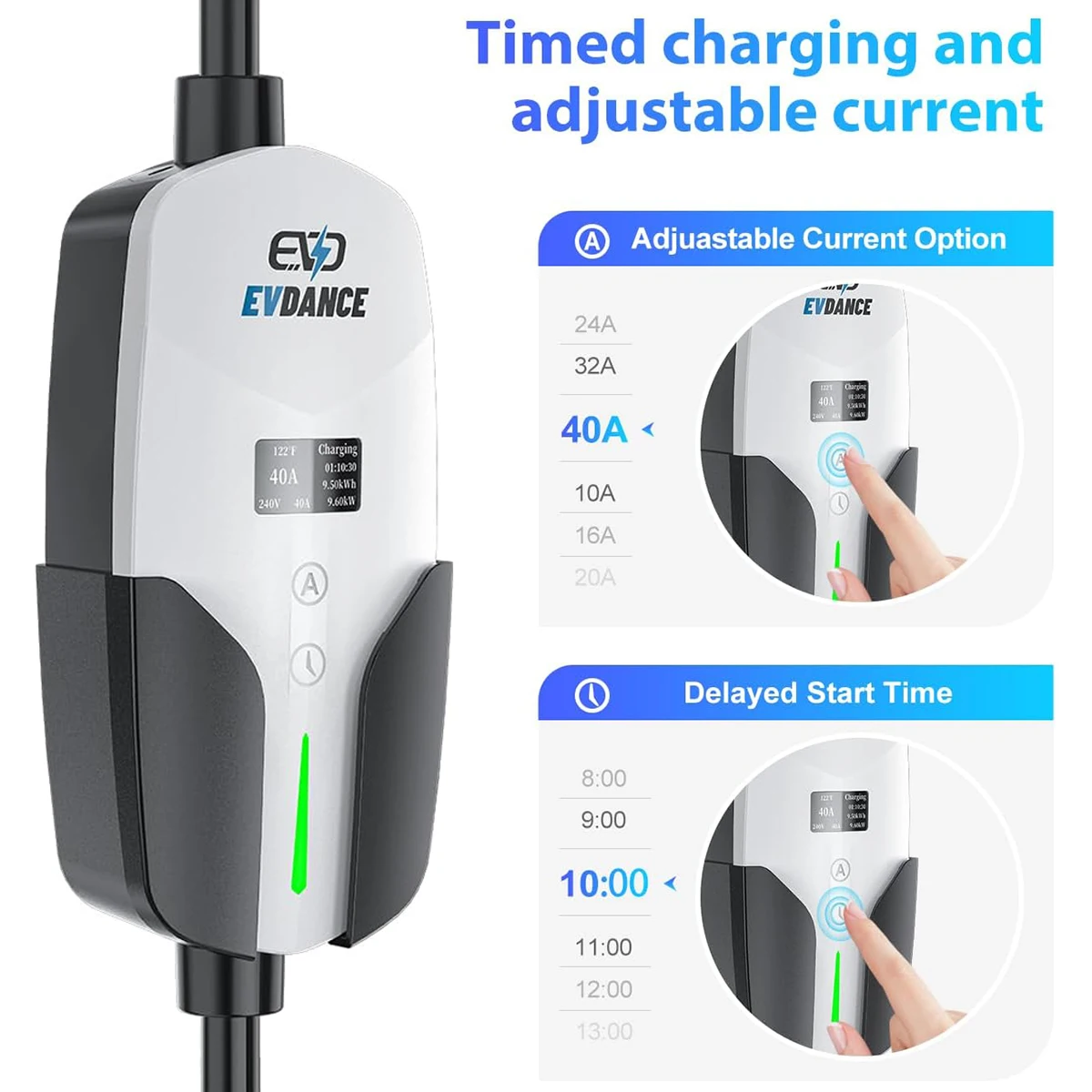 EVDANCE Portable Electric Vehicles Chargers 40A 14-50 Plug 9.6Kw Charging Cable Car Electrical Devices OLED Display Current