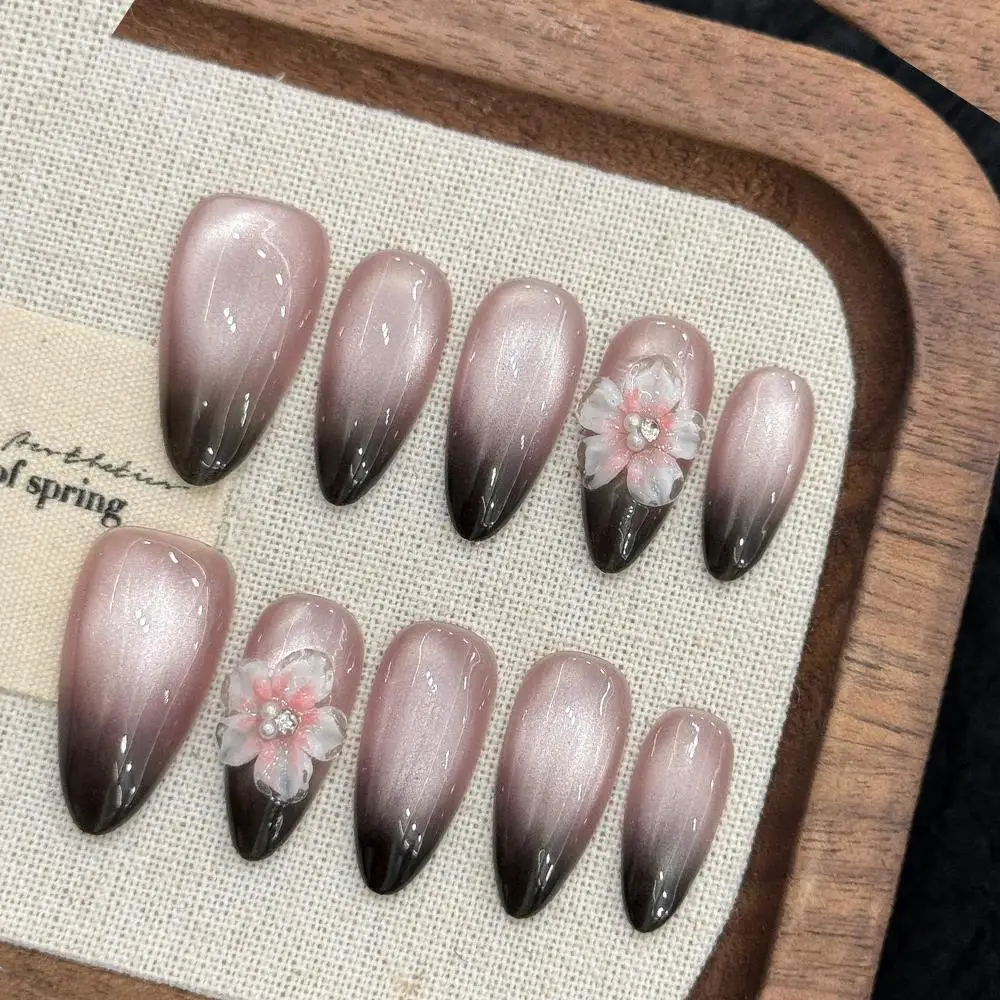 

Розовые накладные ногти с эффектом кошачьего глаза, ручной работы, 3D-резьба в виде персиковых цветов, черные французские накладные ногти, готовые к носке, с полным покрытием, типсы для ногтей