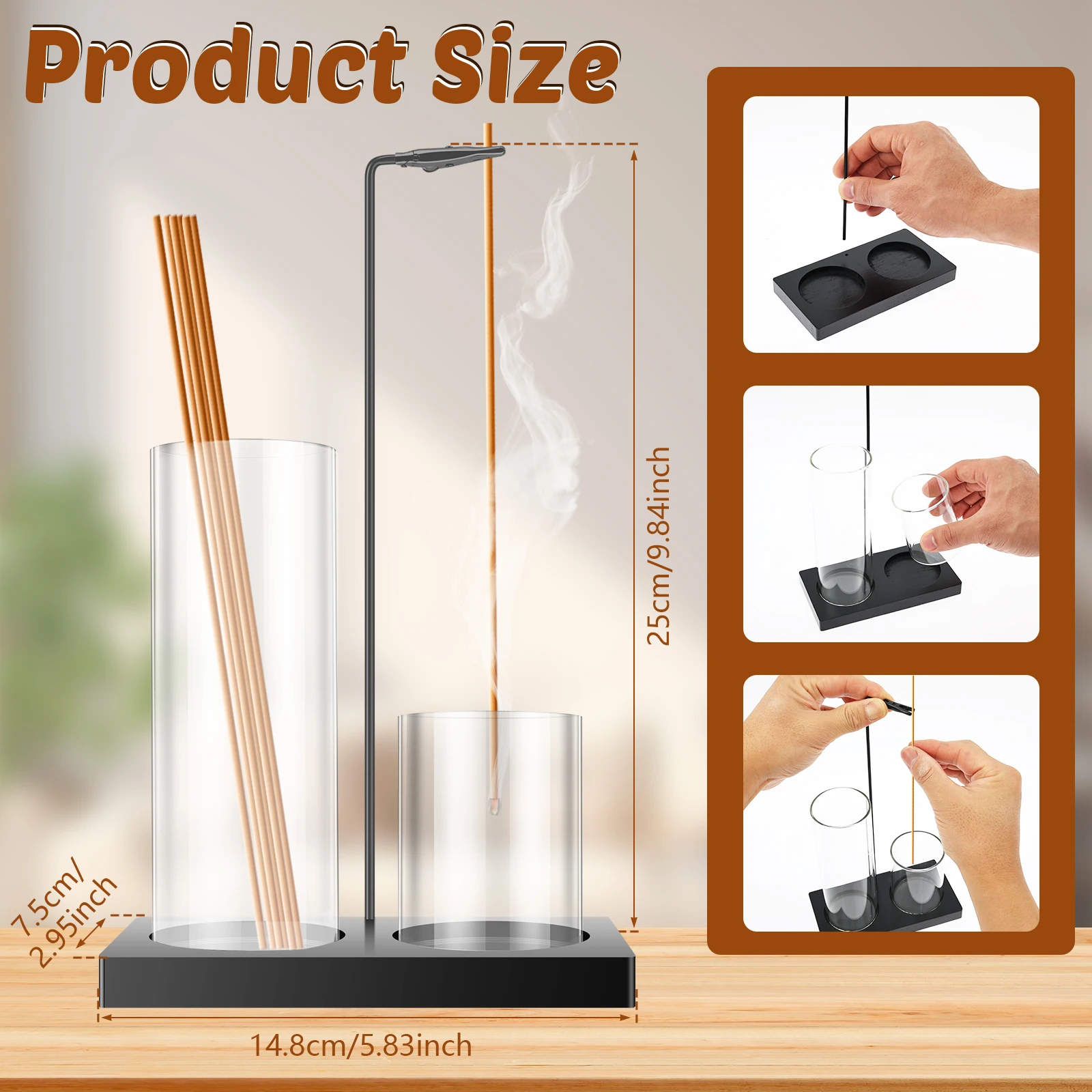 2 In 1 Incense Holder for Stick Double Cup Glass Vertical Incense Holder with Ash Catcher for Temple Bedroom Tea Room Studies