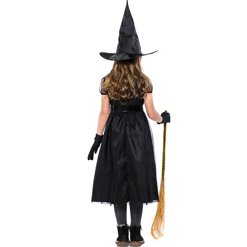 Kids Halloween Apparel Horror Dress Witch Costume with Hat and Wand Girl Carnival Pageant Black Magic Villain Wiard Cosplay Gown