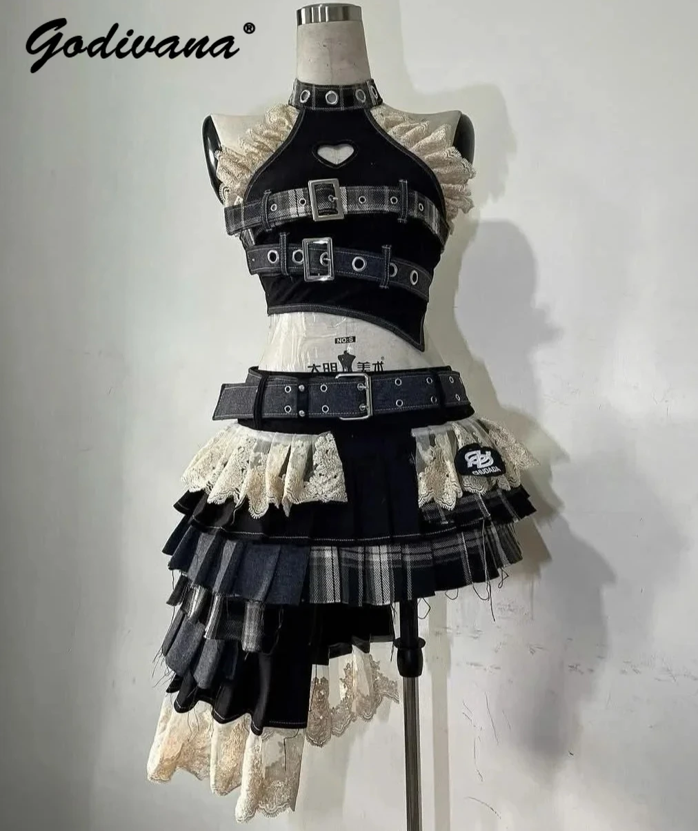 

New Summer Hot Girls Harajuku Multi-layer Pleated Skirt Suit Retro Womens Lace Spliced Sleeveless Denim Vest Top Irregular Skirt