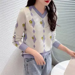 Women's Clothing V-Neck Contrast Color Floral Long Sleeve Plaid Pullover Sweater Screw Thread Spring Autumn Flattering Tops