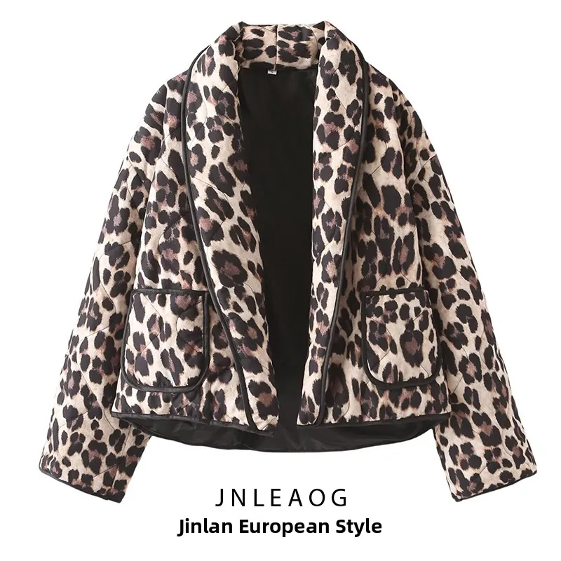 

JNLEAOG Women's Faion Autumn New Arrival Leopard Print Bunting Cotton Jaet French Sle Loose Fit Long Sve Coat