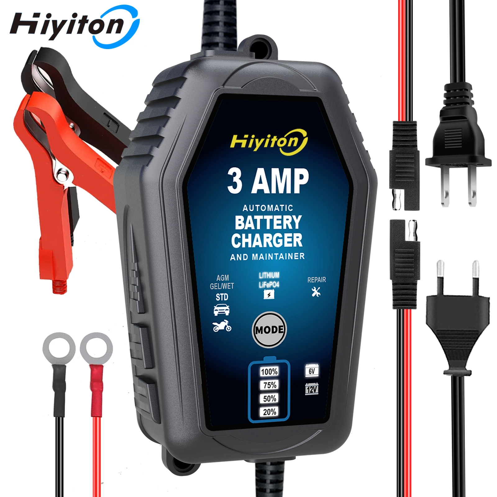 Hiyiton 6V/12V 3000mA Car Motorcycle Smart Battery Charger for Lithium LiFePO4 Lead-Acid Battery Pluse Repair Charge Maintainer