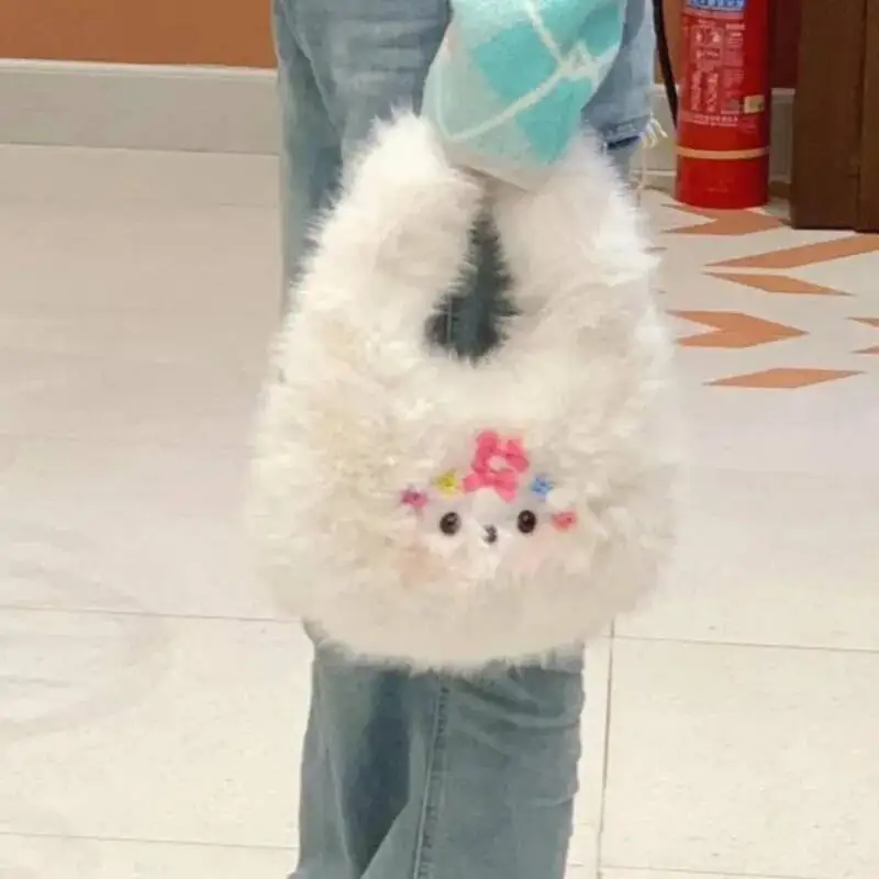 Bloom Haruku Aesthetic White Hand Bag Wallet Women Plush Chic Handle Casual Crossbody Bags Female Sweet Cute Y2k Handbag New