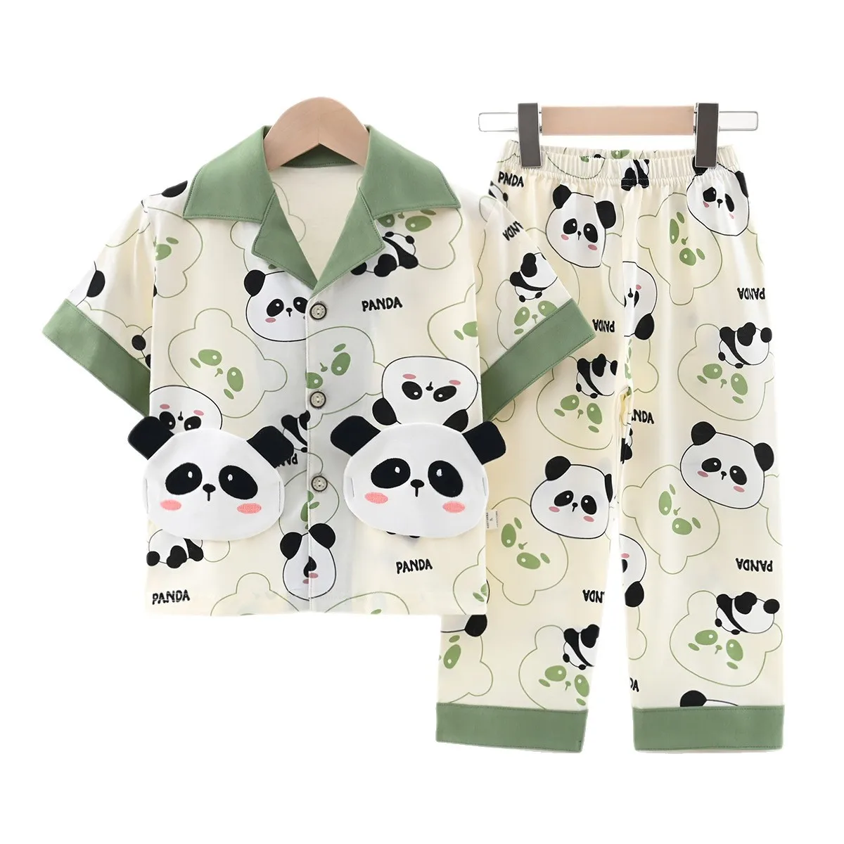 Kids Summer Thin Cotton Pajamas Set Boys Girls Cute Cartoon Panda Short Sleeve Lapel Shirt + Pants Homewear Casual Sleepwear