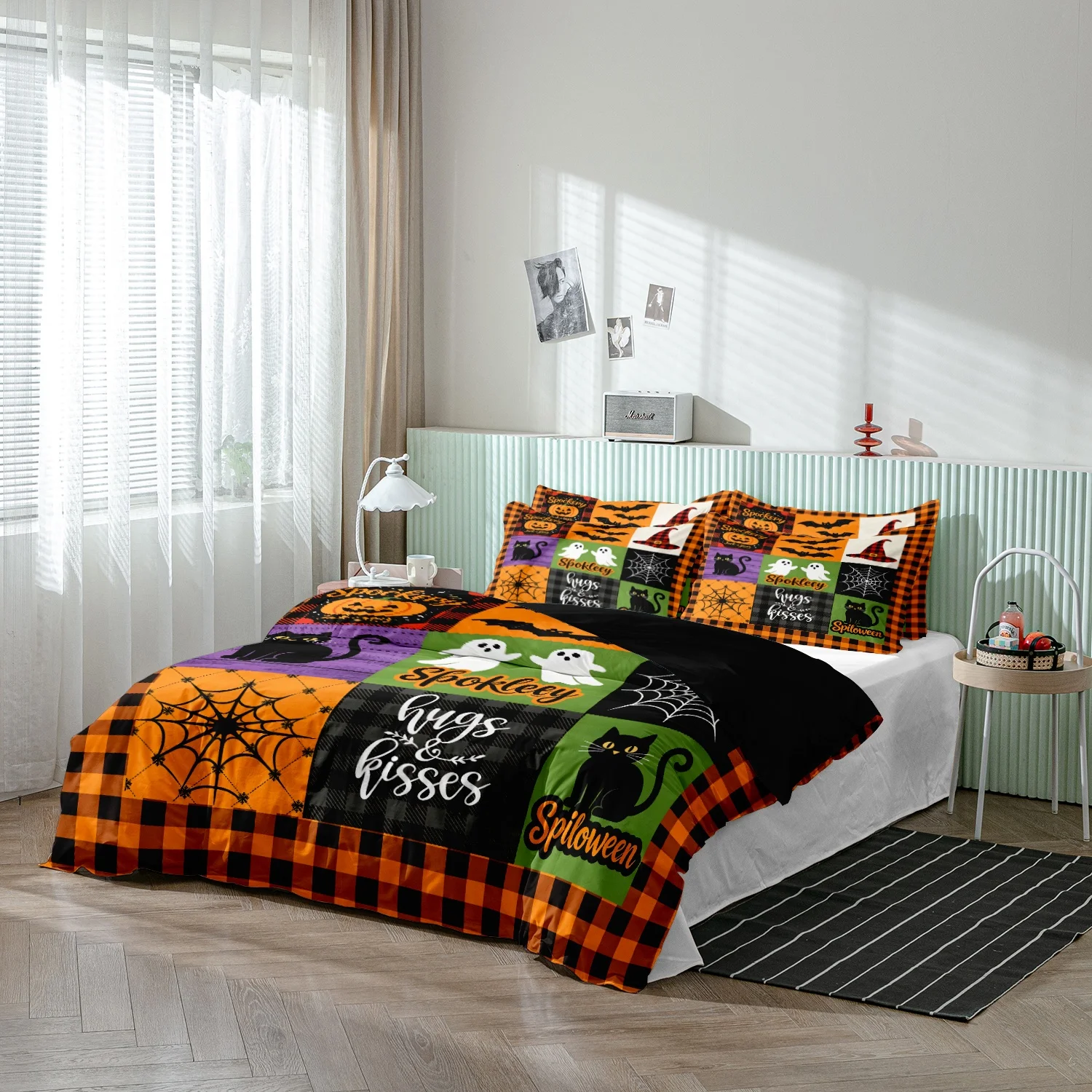 3Pcs Duvet Cover Set, Patchwork Buffalo Plaid Halloween, Black Cat Ghost Spider Web Spooky Letter Print Bedding