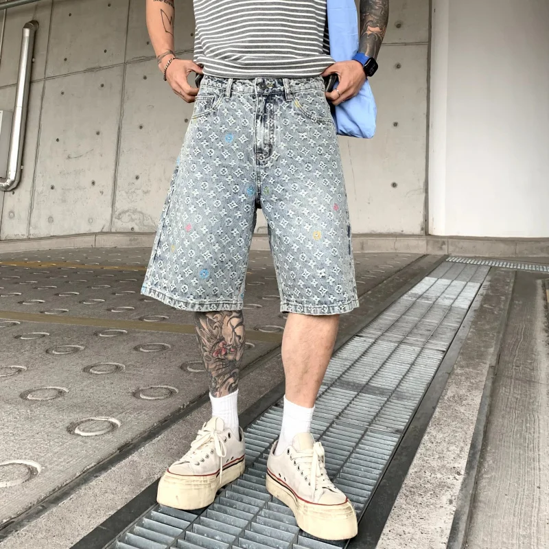 

14003 New summer American tide jacquard loose versatile casual fashion straight blue washed denim shorts