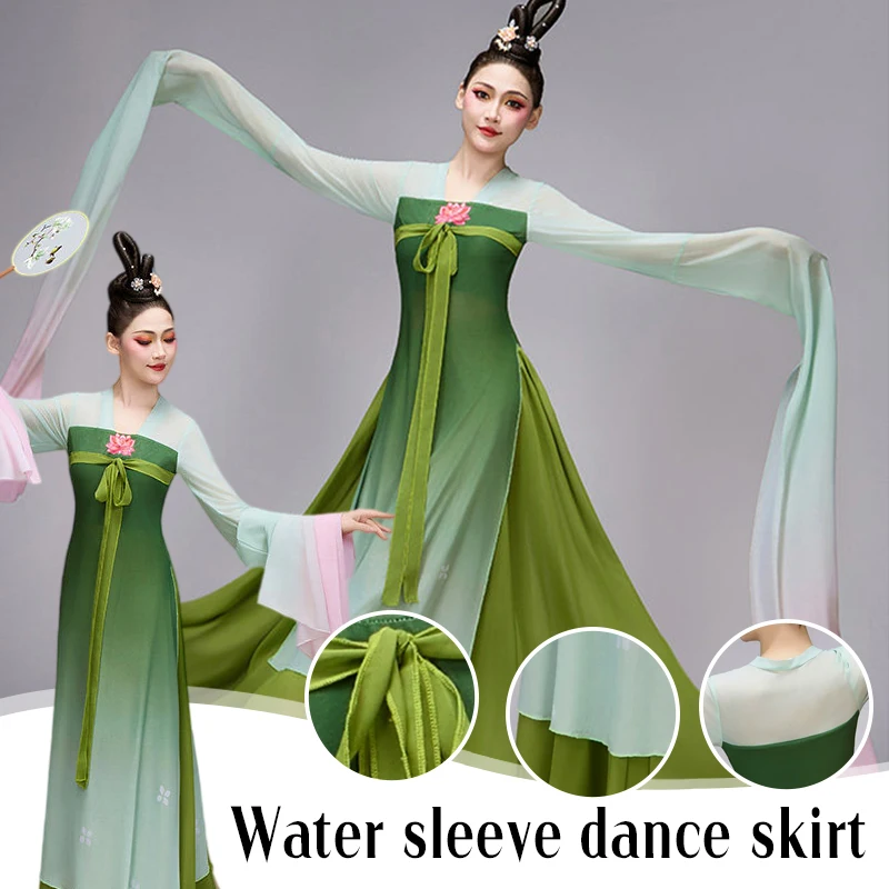 

Women Chinese Classical Dance Costume Water Sleeve Long Flowy Skirt Stage Performance Dress Cyan Green Hanfu Art Outfit
