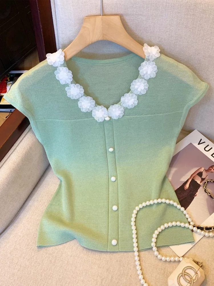 

Шикарная трикотажная футболка V-Ne, женская летняя летняя футболка с цветочным 3D украшением, облегающий ор Све, корейский молодежный топ