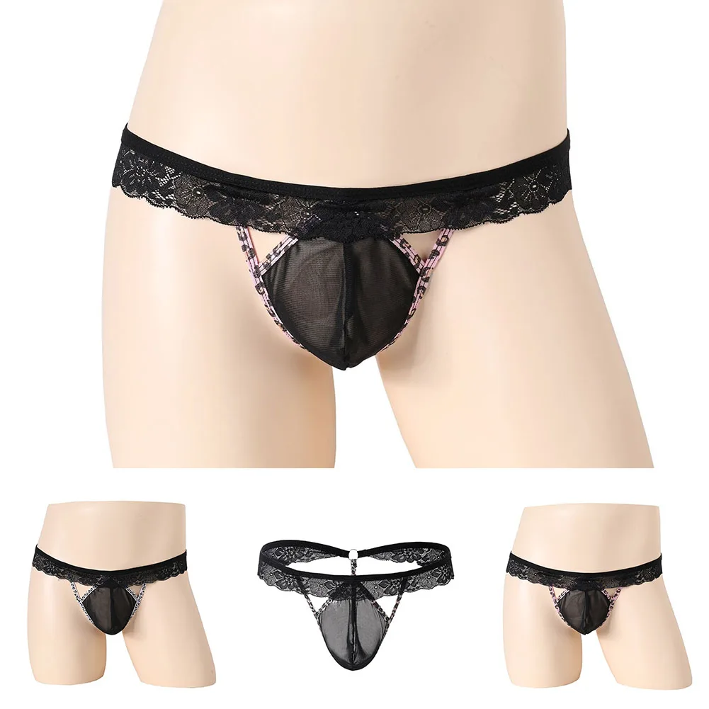 Men Thongs Sexy T-Back Briefs Gay Underwear Bulge Pouch Sissy Panties G-String Lace Mesh Lingerie Sheer Knickers