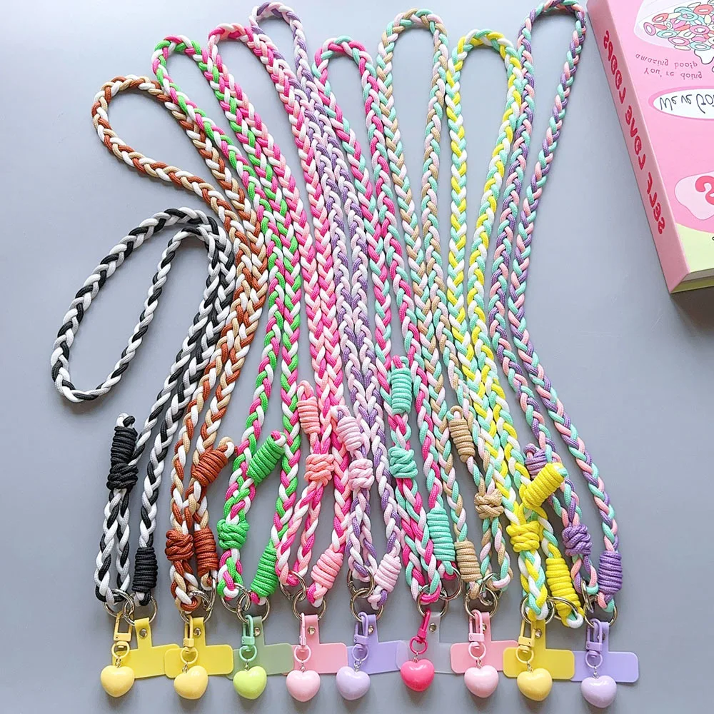 Heart Crossbody Phone Strap Neck Band Colorful Metal Clasp Key Braided Chain For T-Card Anti-lost Detachable Adjustable Lanyard