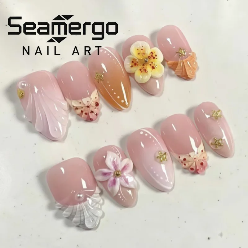 

24PCS Sweet Flowers Almond Press on False Nails High-quality 3D Shell French Fake Nails for Women Vacation Style Summer Nails