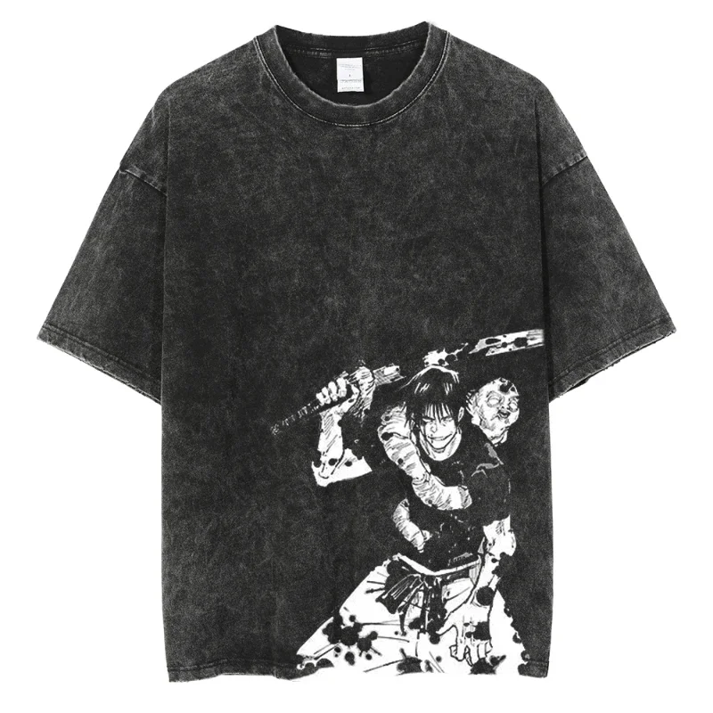 Hip Hop Streetwear Summer Short Sleeve Vintage T-Shirt Japanese Anime Graphic Print TShirt Men Harajuku Casual Loose Washed Tees