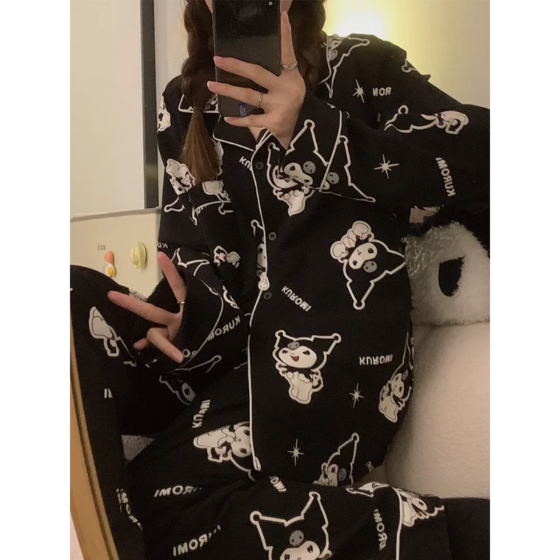 Sanrio Kulomi pajamas autumn cotton long-sleeved trousers cartoon two-piece set silk pajamas women's loungewear women's pajamas