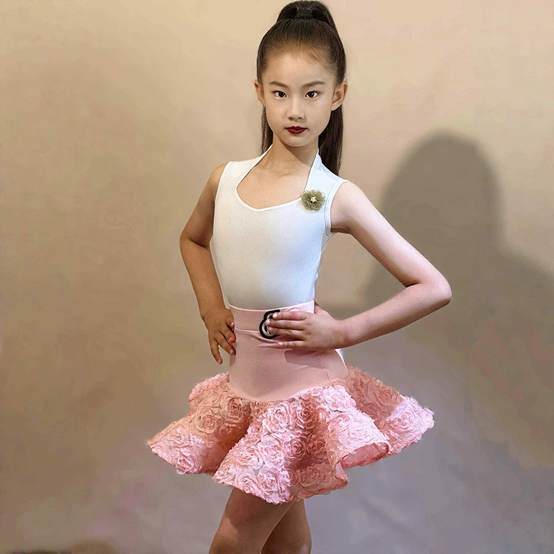 Latin Dance Costume Children Tango Waltz Samba Dance Performance Clothes Girls Sleeveless Professional Dance Practice Set XH2927