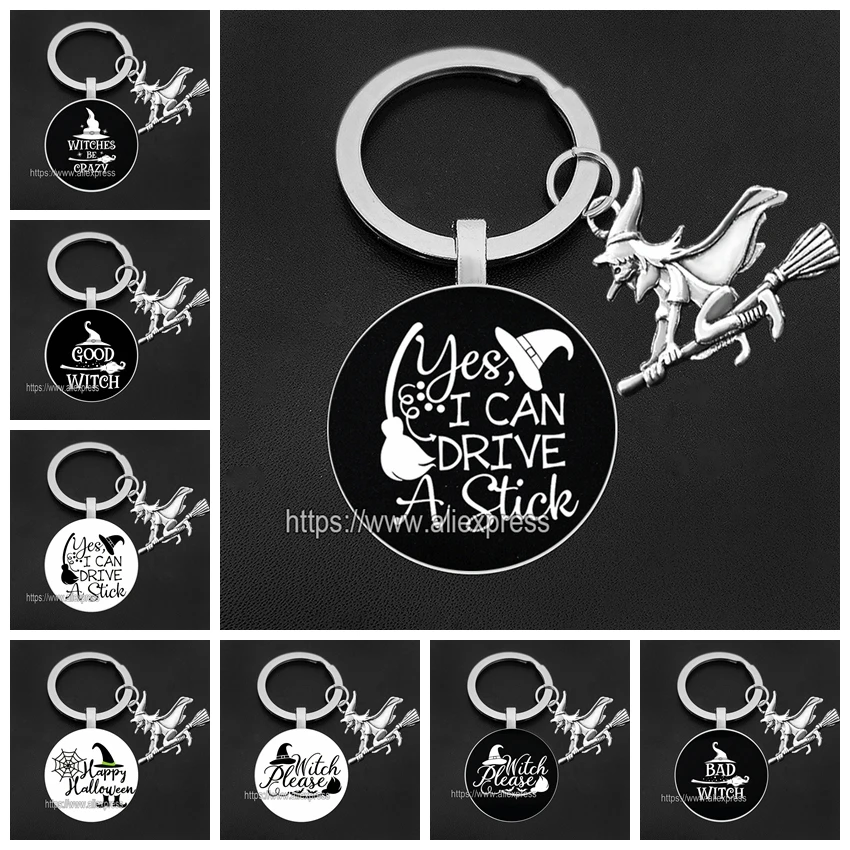 Black and White Witch Key Chains House Flying Witch with Broomstick Keychains Gothic Jewelry Gift for Halloween