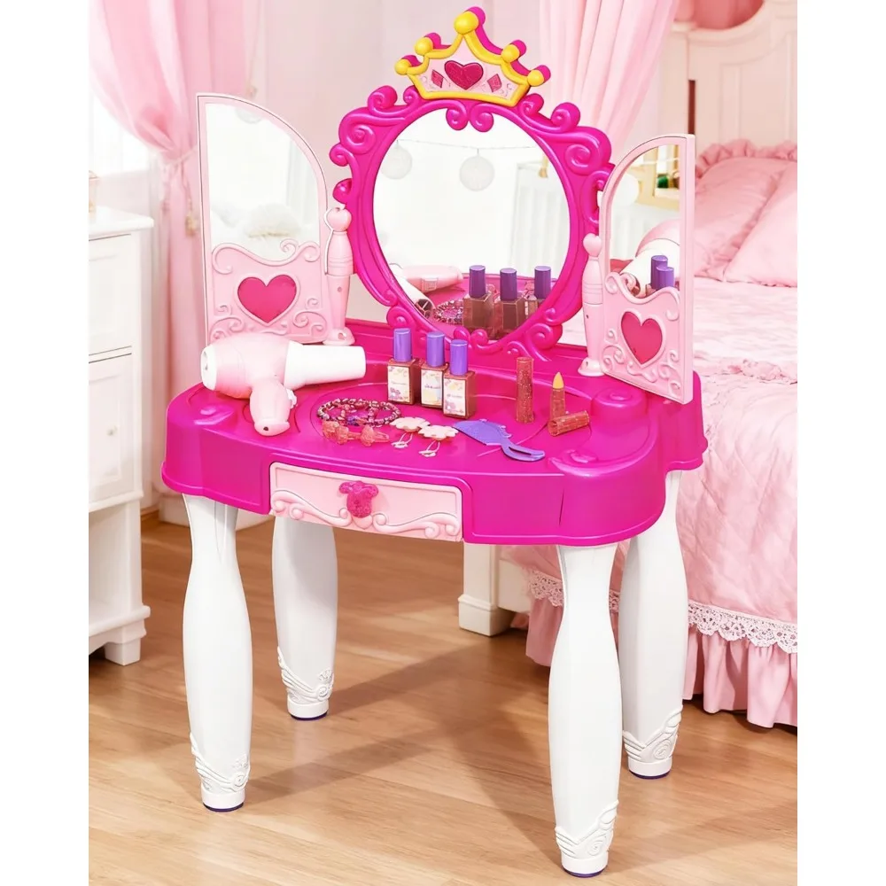 مجموعة مكياج للفتيات مع مرآة وكرسي وأضواء وموسيقى - طاولة تلبيس للأطفال الصغار من عمر 3-5 سنوات