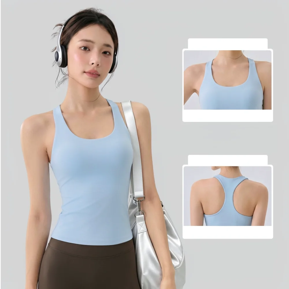 Womens Longline Sport Tank Top With Built In Bra Yoga Vest Slim Fit Gym Fitness Athletic Training Sleeveless Shirt