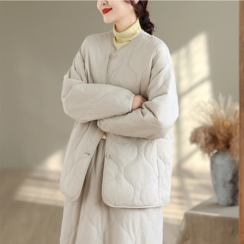 

Korean Sle round Ne down Cotton Jaet Women's Winter Casual Loose Warm Coat Single Button up Top Dr Qing a Po
