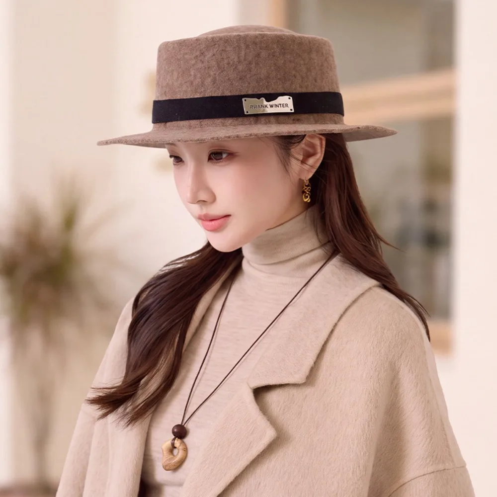Wool Felt Flat-Top Fedora Hat Structured Crown Wide Brim Women's Wool Hat Elegant Vintage Style Flat Top Retro Lady Hat
