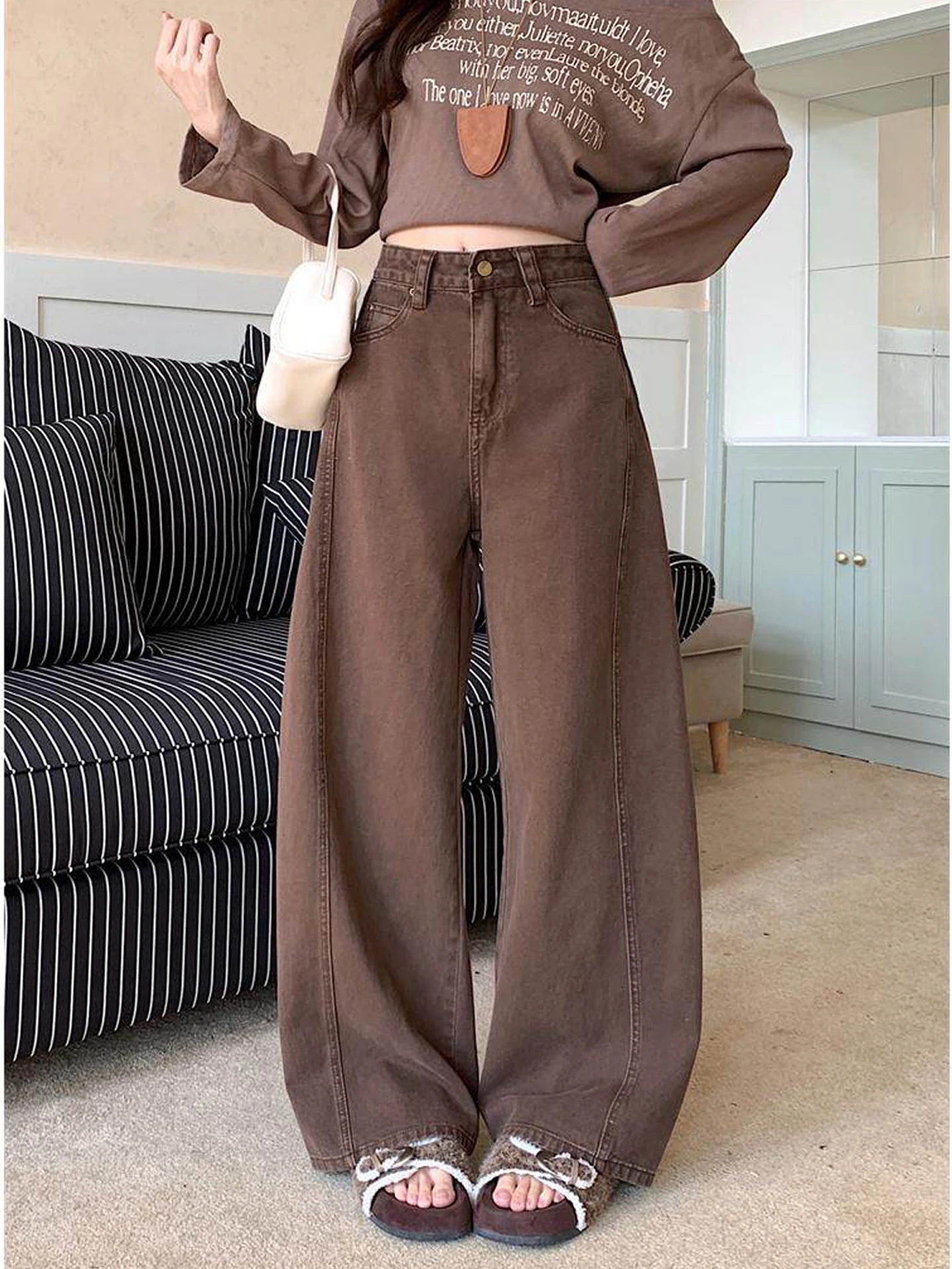 

Ce Коричневые винтажные широкие джинсовые джинсы, женские весенне-осенние свободные утягивающие брюки с росписью, прямые джинсы с высокой талией