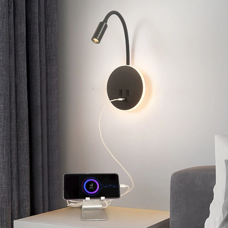 Rotatable LED Wall Lamp Minimalist Foyer Reading Spotlight Bedside Bedroom Home Indoor Decor USB Charging Port Sconce Wall Light